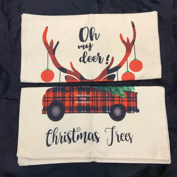 Festive Christmas Holiday Print Burlap Matching Set Pillow Case Set for Home - Picture 6 of 8